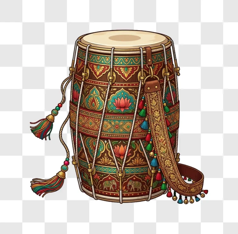 Indian Drum Dholak Decorated Ornate ornate cultural instrument, vibrant colors, transparent background