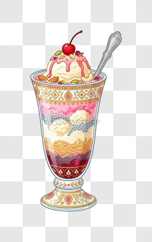 Indian Falooda With Ice Cream and Cherry detailed illustration, colorful layers, ornate glass