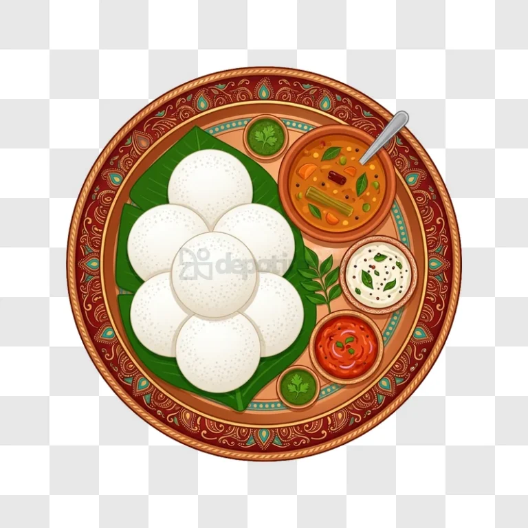 Indian Idli Sambar Platter Flatlay detailed illustration, vibrant colors, traditional design