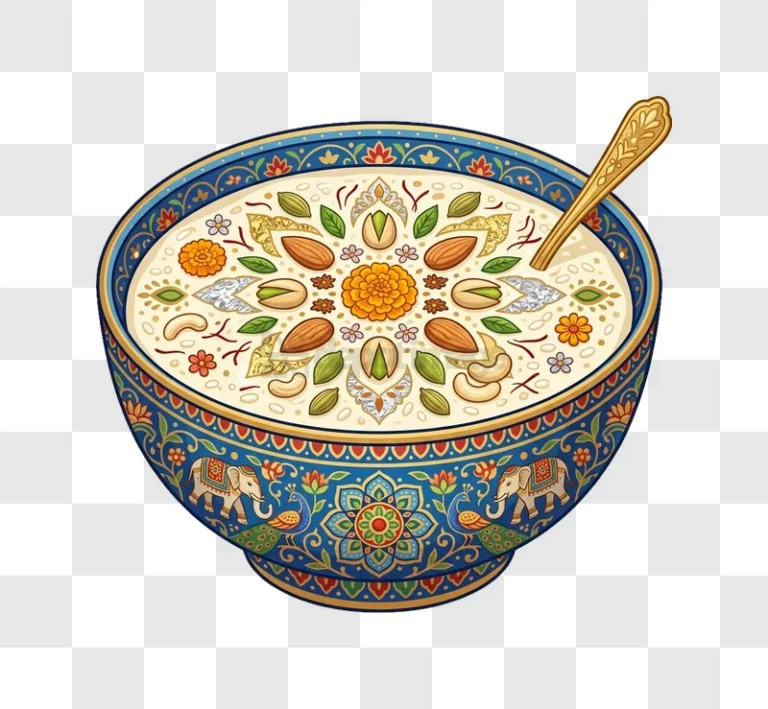 Indian Kheer Bowl With Dry Fruits intricate ornate bowl, colorful, detailed illustration