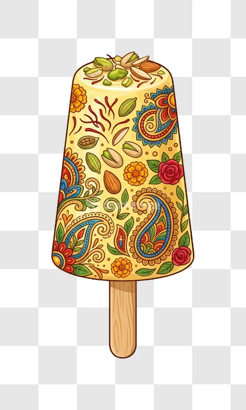 Indian Kulfi Dessert With Paisley Art, colorful intricate patterns transparent background