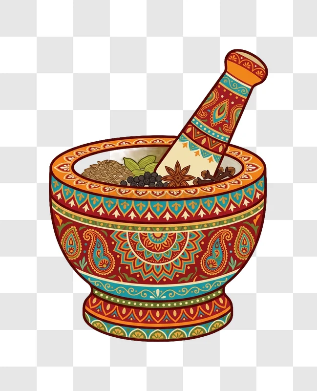 Indian Motar Pestle With Spices colorful ornate transparent background