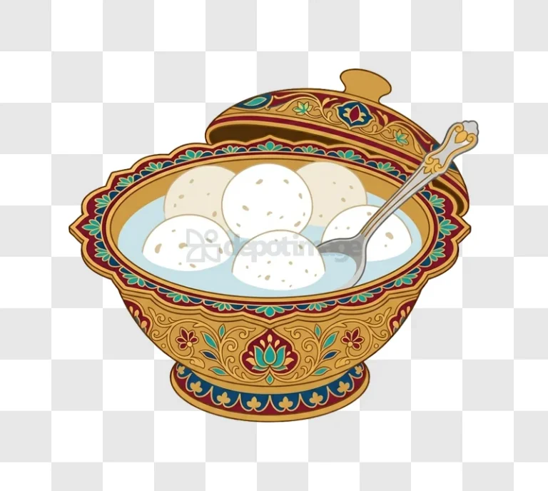 Indian Rasgullas in Gold Bowl ornate illustration light blue liquid