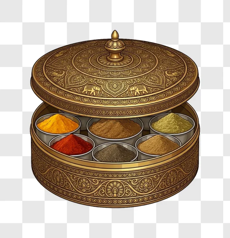 Indian Spice Box With Gold Carvings intricate golden design spices inside