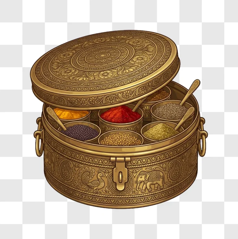 Indian Spice Box With Spices detailed brass ornate design