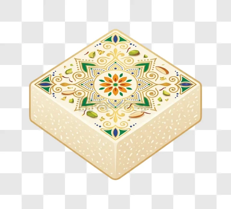 Indian Sweet With Traditional Design intricate gold green orange pattern