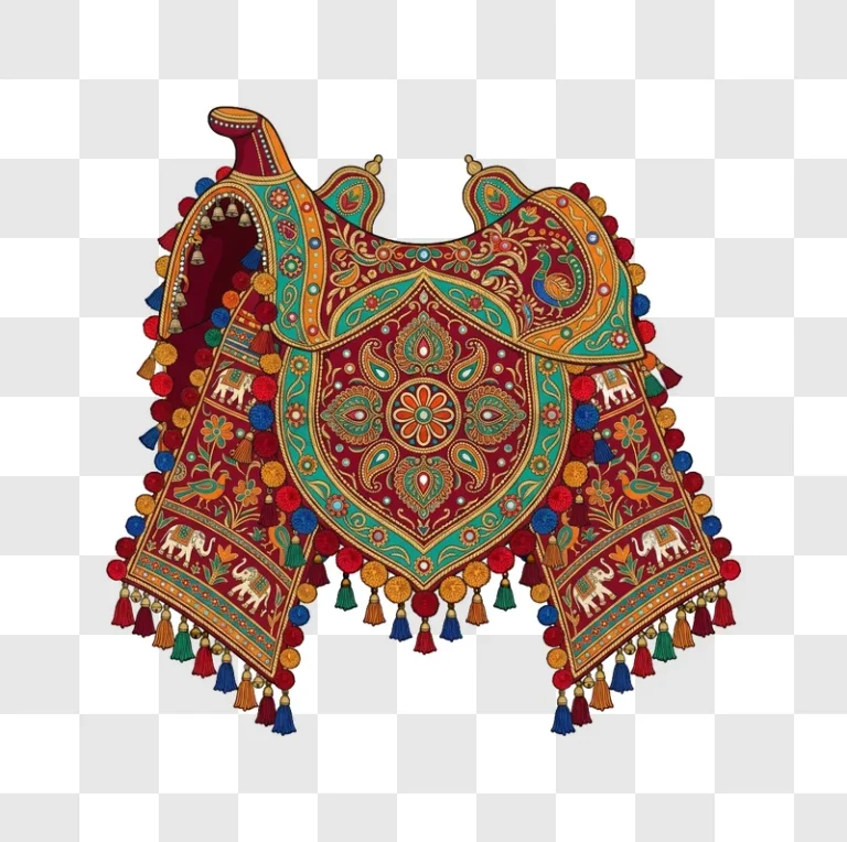 Indian Textile Elephants Peacocks Ornate vibrant red intricate design