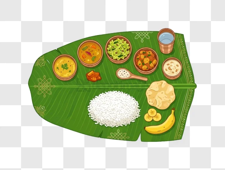 Indian Thali Meal on Banana Leaf cartoon style green background