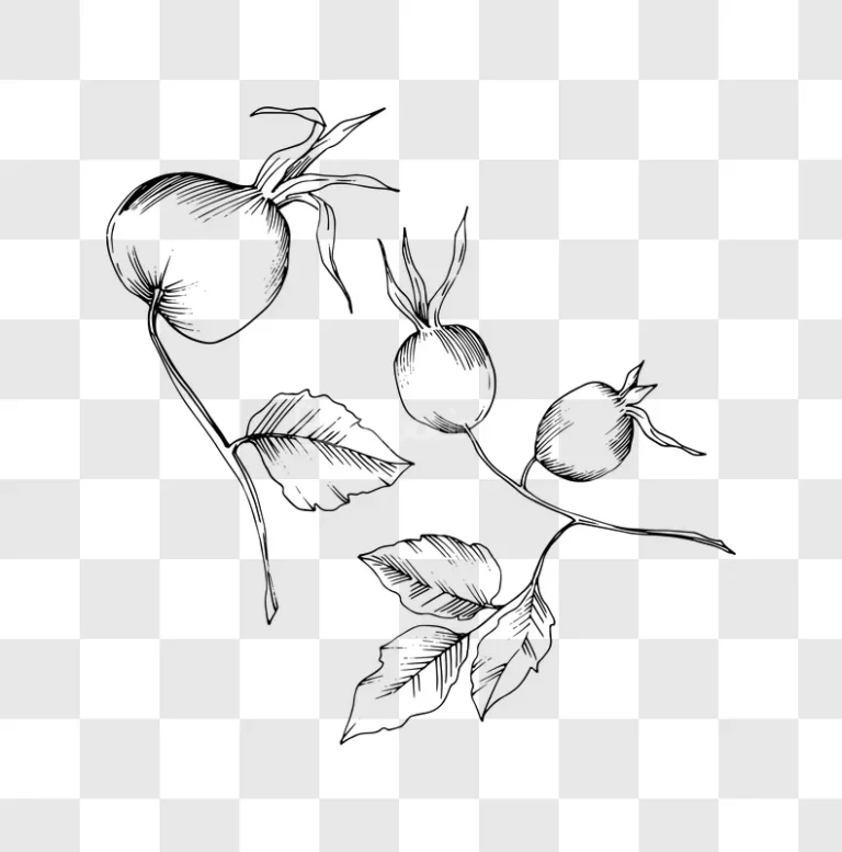 Ink Sketch Rosehip Berries Leaves Vector Art