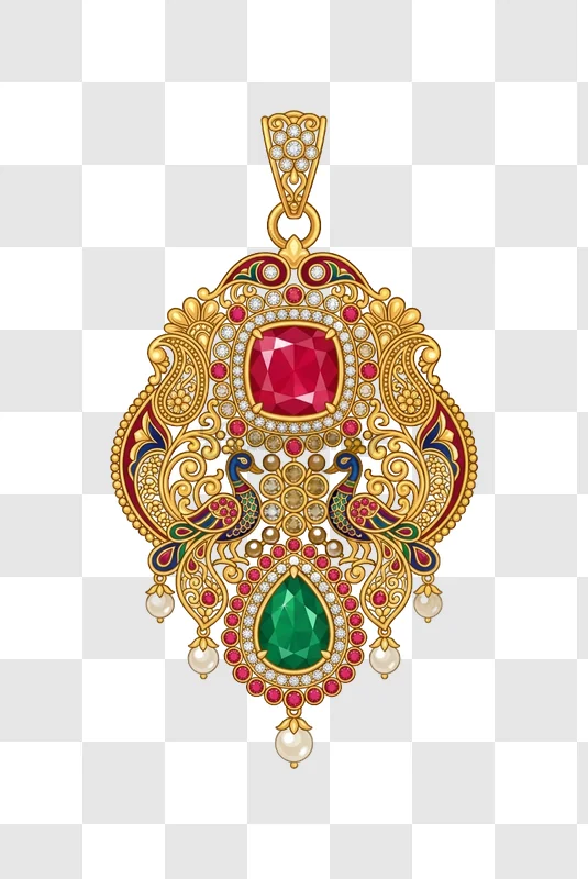 Intricate Gold Pendant With Gemstones ornate gold red green jewels