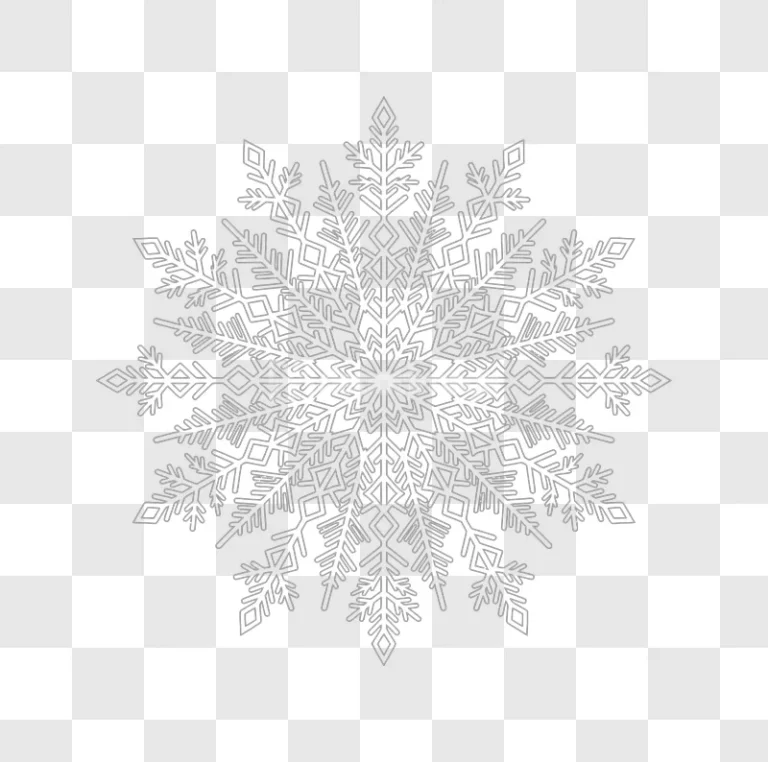 Intricate Light Gray Snowflake Design Outline detailed symmetrical pattern transparent background