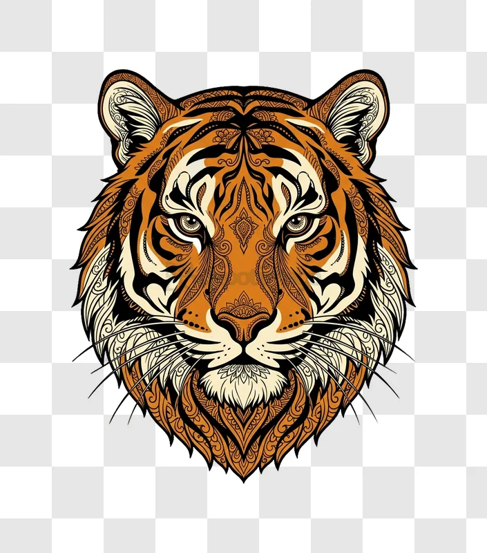 Intricate Mandala Tiger Head detailed orange black white design