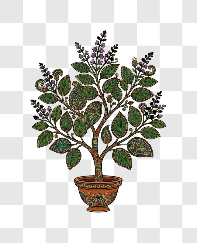 Intricate Paisley Tree in Decorated Pot detailed green leaves purple flowers