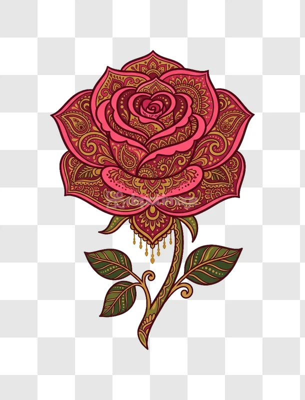 Intricate Rose With Mandala Pattern ornate pink gold green