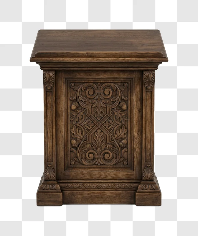 Intricate Wooden Lectern With Oak Carvings dark brown detailed wood