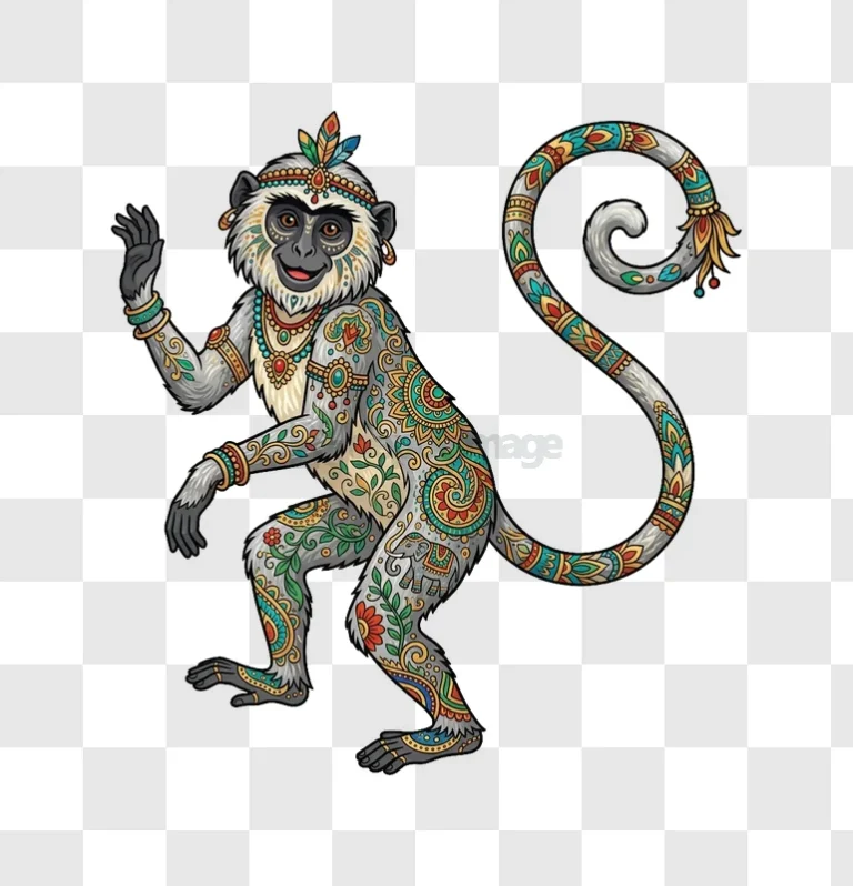 Intricately Decorated Monkey Art colorful patterns transparent background