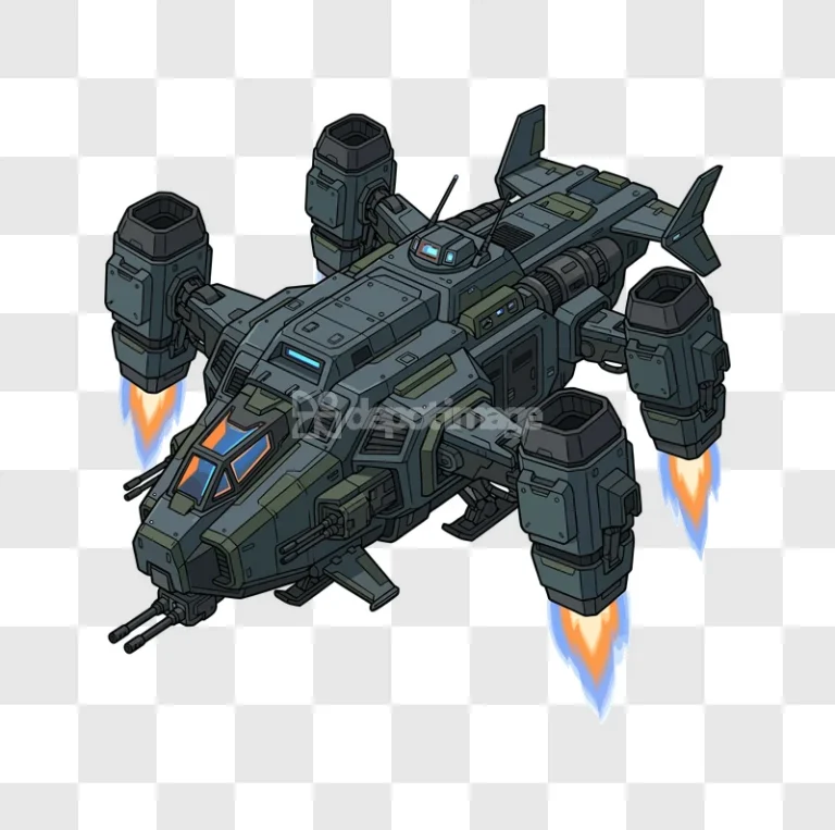 Isometric Military Sci Fi Dropship Firing Thrusters detailed illustration dark grey blue