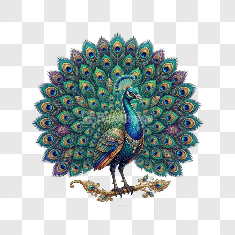 Jeweled Peacock Gold Details Intricate Design vibrant colors ornate feathers