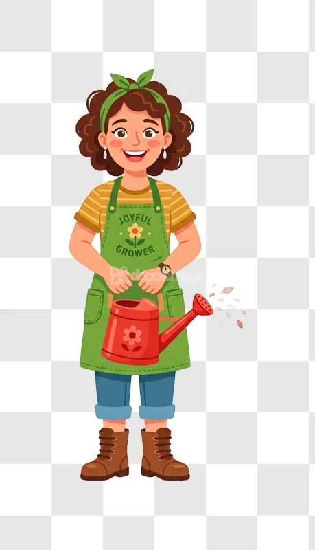 Joyful Female Gardener Watering Can Cartoon Style