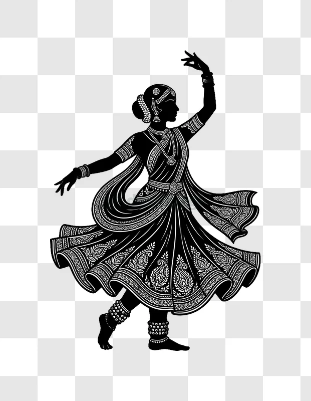Kathak Dancer Ornate Black White intricate black and white illustration