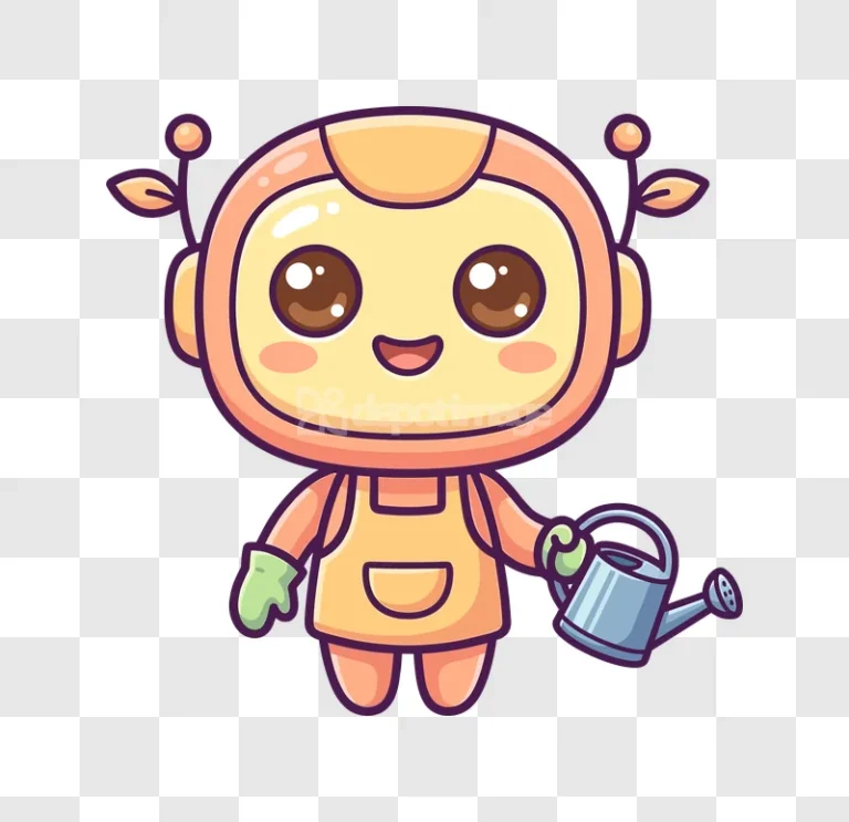 Kawaii Robot Gardener Holding Watering Can cute cartoon transparent background