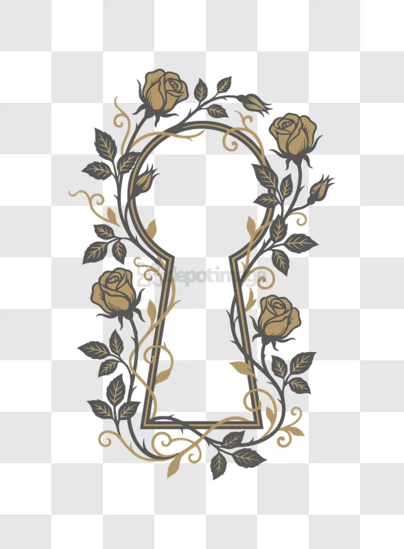 Keyhole Frame With Rose Vines Gold ornate floral transparent background