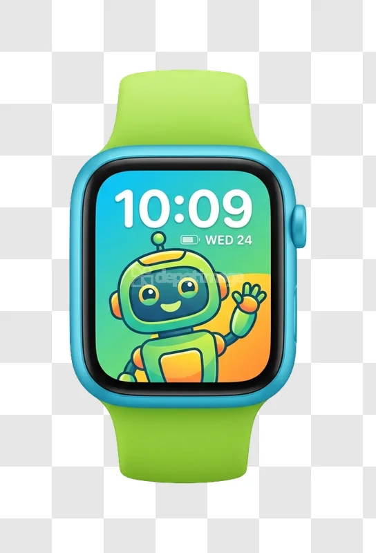 Kids Smartwatch Green Blue Robot Interface vibrant cartoon style transparent background