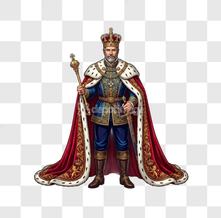 King Holding Jeweled Scepter Sword Crown Cape