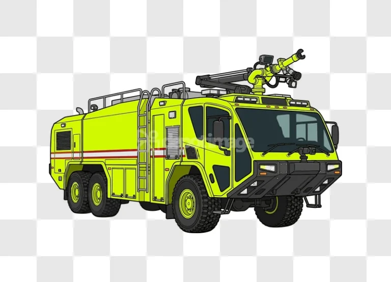 Lime Green Airport Fire Truck Side Illustration detailed vector drawing transparent background