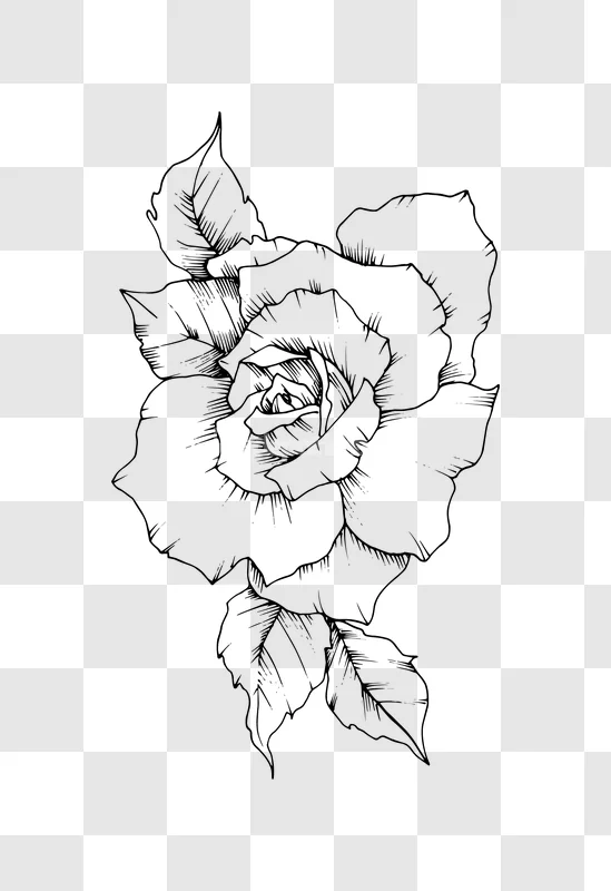 Line Art Rose Flower Petals Leaves Drawing