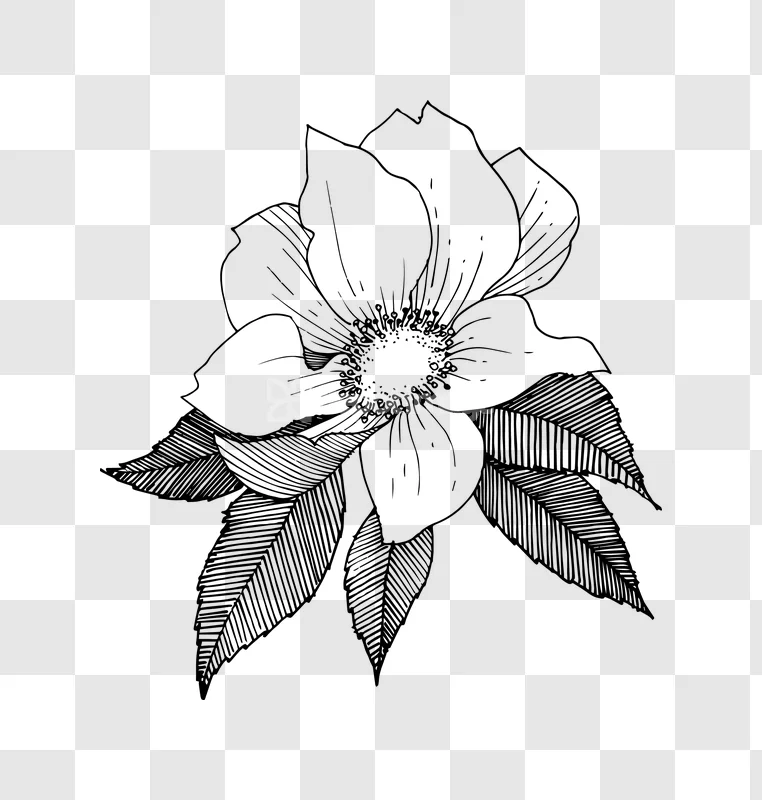 Line Art Rose Hip Flower Leaf