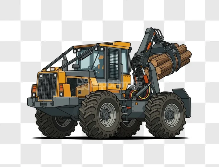 Log Skidder Machine Transporting Logs cartoon style yellow gray