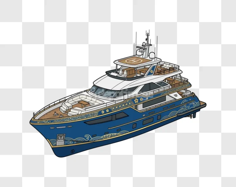 Luxurious Blue Yacht With Gold Details detailed illustration transparent background