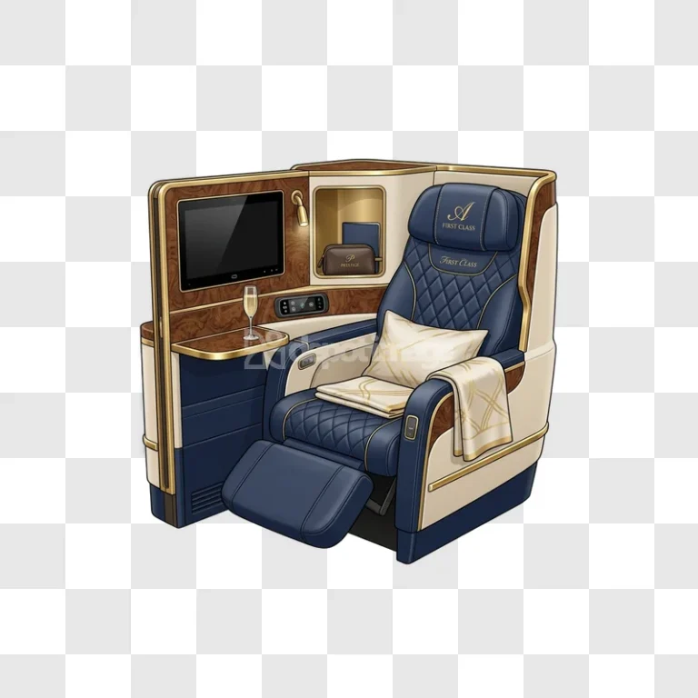 Luxury First Class Airplane Seat Rich Details Blue Tan detailed illustration blue tan gold