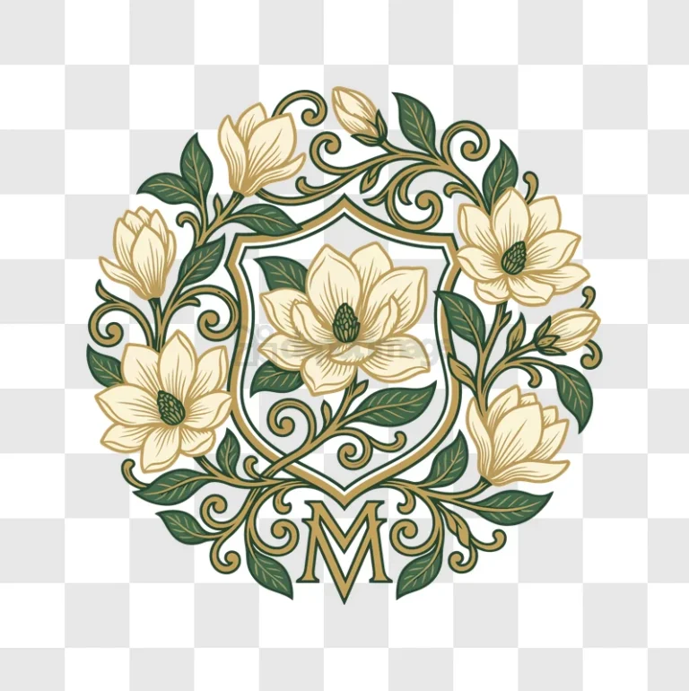 Magnolia Flower Crest With Letter M elegant green gold black