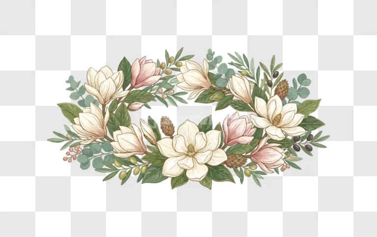 Magnolia Wreath With Greenery Frame botanical illustration transparent background