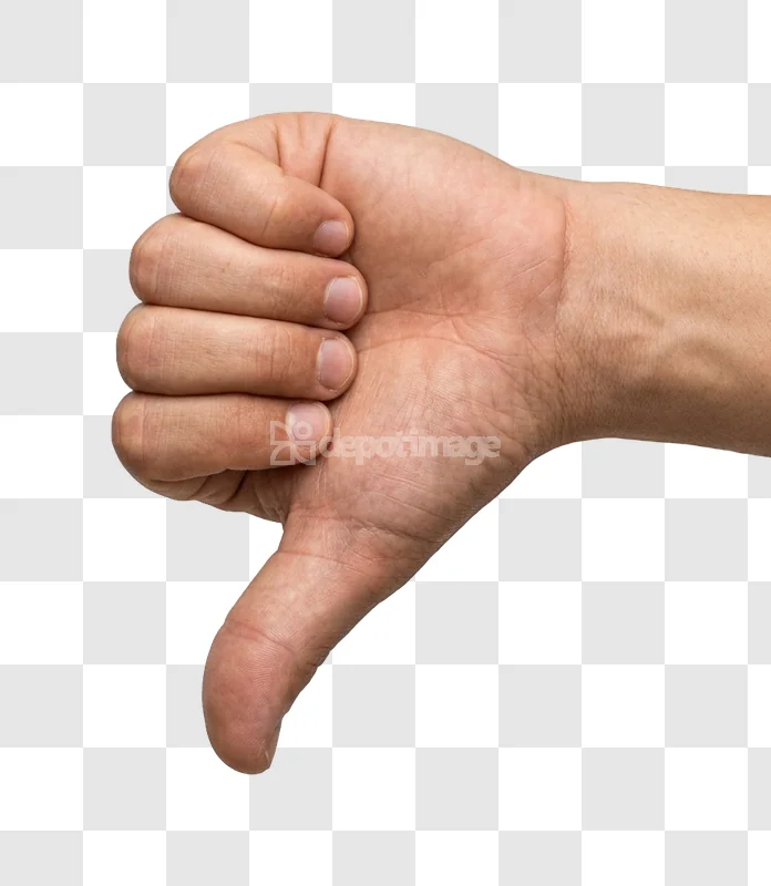 Male Hand Giving Thumbs Down Gesture fair skin tone, isolated on black