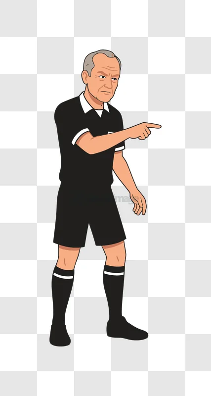 Male Referee Gesturing With Pointing Finger cartoon style black uniform
