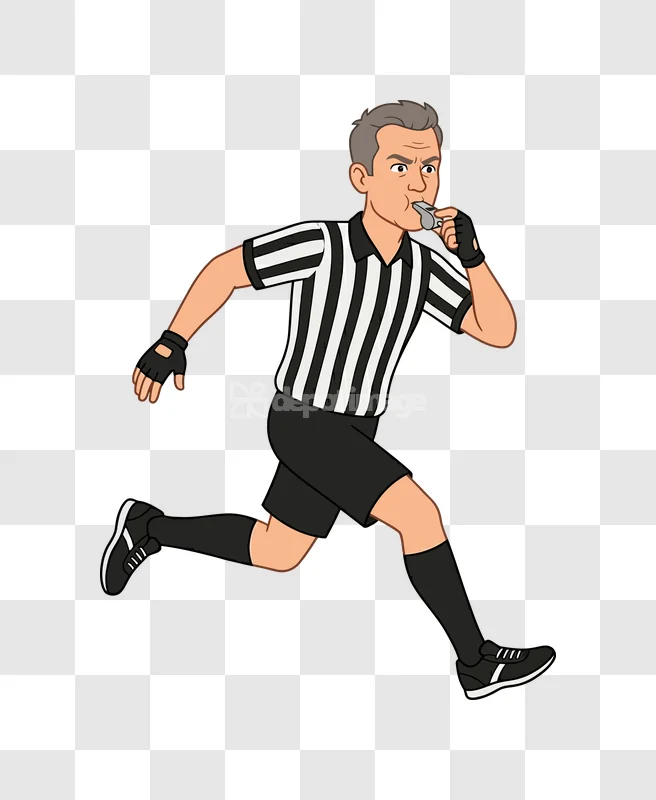 Male Referee Running and Blowing Whistle cartoon style transparent background