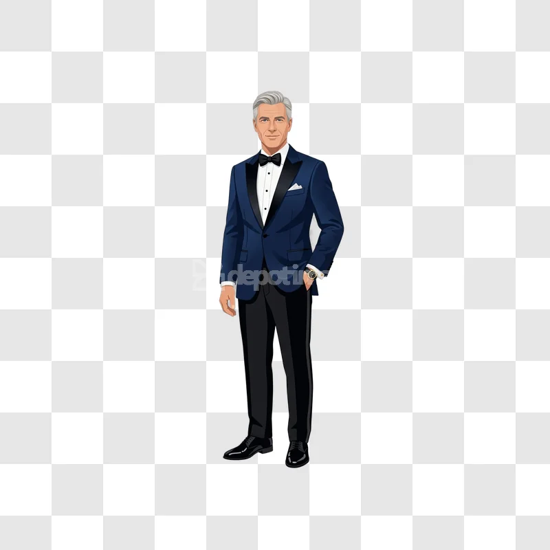 Man Blue Tuxedo Black Watch Suit Formal full body illustration transparent background