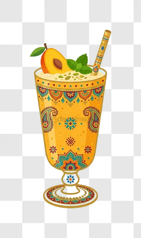 Mango Lassi Drink With Indian Motifs vibrant yellow decorated glass