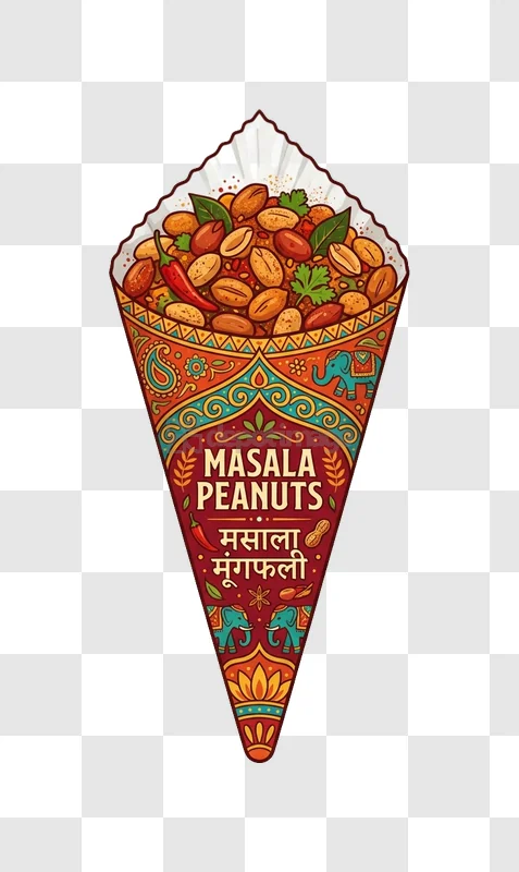 Masala Peanuts in Decorative Cone, vibrant Indian style illustration