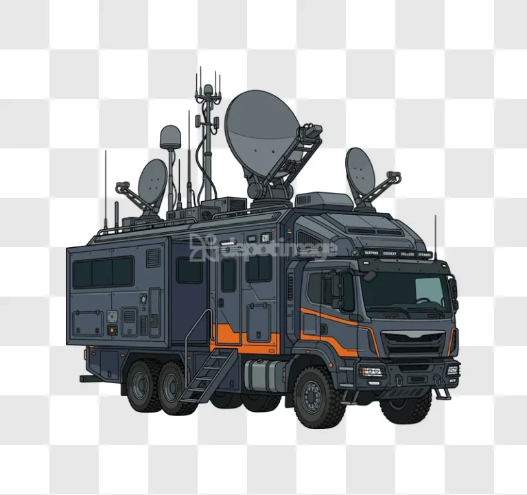 Military Communication Truck With Satellite Dishes detailed illustration dark gray orange