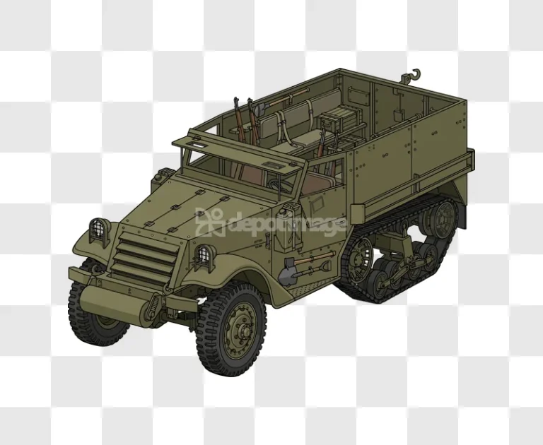 Military Halftrack Vehicle With Supplies olive green cartoon style