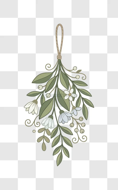 Mistletoe With Flowers and Berries green leaves white flowers transparent