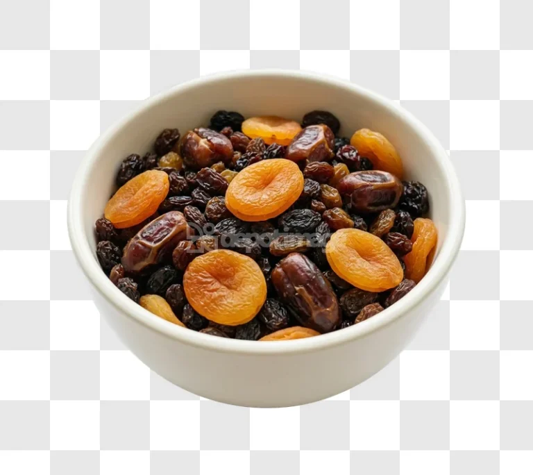 Mixed Dried Fruits Bowl Raisins Apricots Dates white bowl close-up