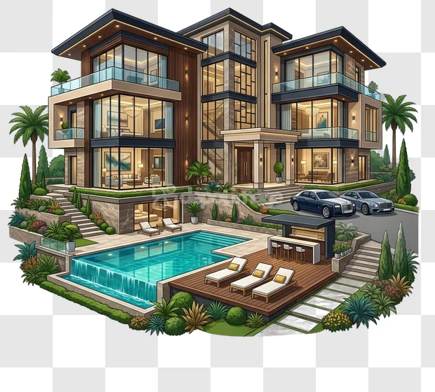 Modern House Luxury Cars Swimming Pool Illustration detailed architectural drawing, green landscaping, blue water