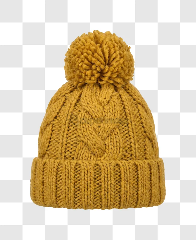Mustard Yellow Knitted Beanie With Pom Pom cable knit texture transparent background