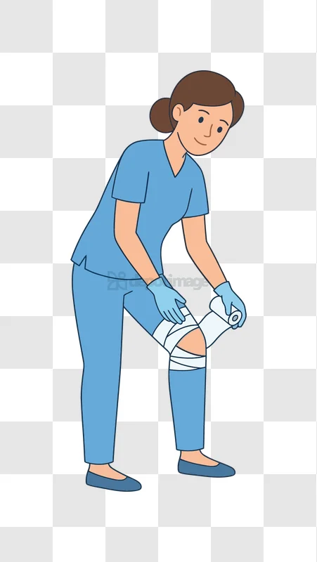Nurse Bandaging Knee With Medical Wrap flat illustration blue scrubs