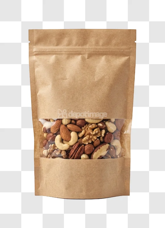 Nuts Mix Kraft Pouch brown paper, clear window, mixed nuts